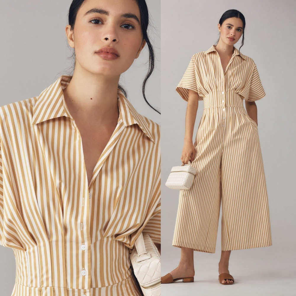 Anthropologie Exquise The Tobie Button-Front Cropped Pleated Jumpsuit LP Stripe